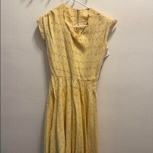 Vintage-Inspired Yellow Eyelet Midi Dress – Cap Sleeves, Cinched Waist